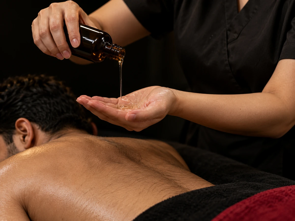 Therapist pouring oil into her palm before a guest's massage