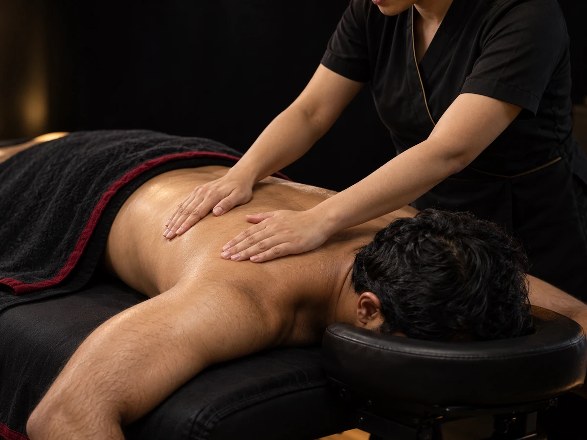 Therapist applying palm strokes to a guest's back