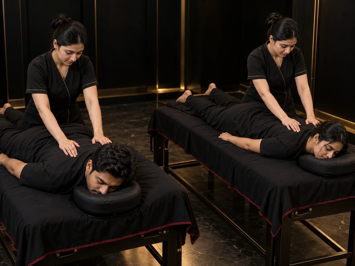 Two guests receiving massages on adjacent tables, with a therapist for each