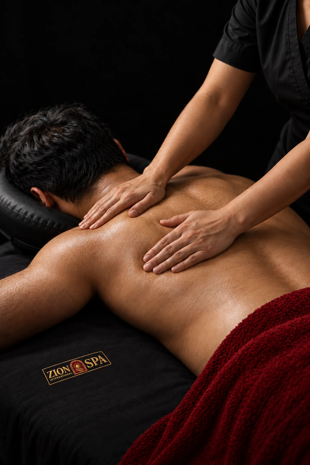 A therapist in a black uniform applying palm strokes to a male guest’s back, with a red towel and Zion-branded linen